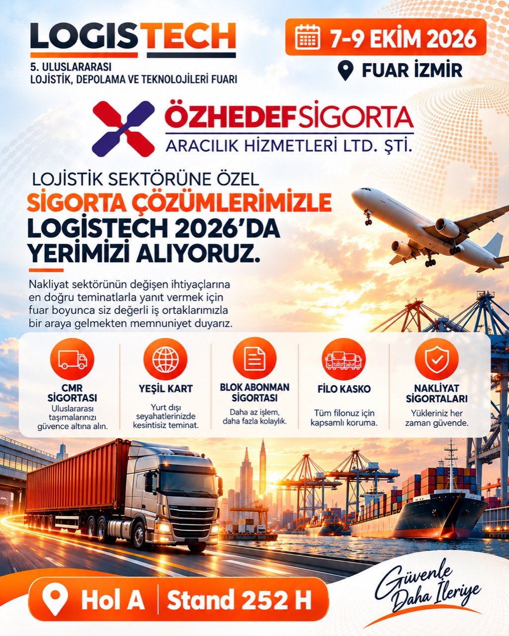 Özhedef Sigorta LOGISTECH 2026 davet afişi, 7–9 Ekim, Fuar İzmir, Hol A, Stand 252 H